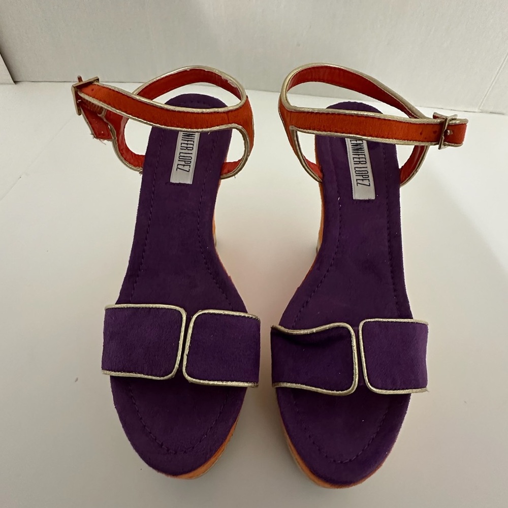 Jennifer Lopez Purple Orange Suede Platform Wedge Sandals Gold Trim Size 6.5 - Picture 2 of 10